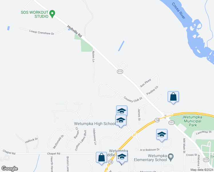 map of restaurants, bars, coffee shops, grocery stores, and more near 375 Country Club Drive in Wetumpka