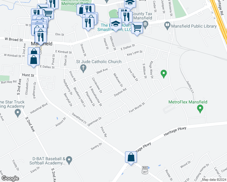 map of restaurants, bars, coffee shops, grocery stores, and more near 704 Circleview Drive in Mansfield