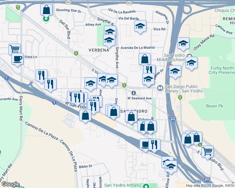 map of restaurants, bars, coffee shops, grocery stores, and more near 2217 Smythe Avenue in San Diego