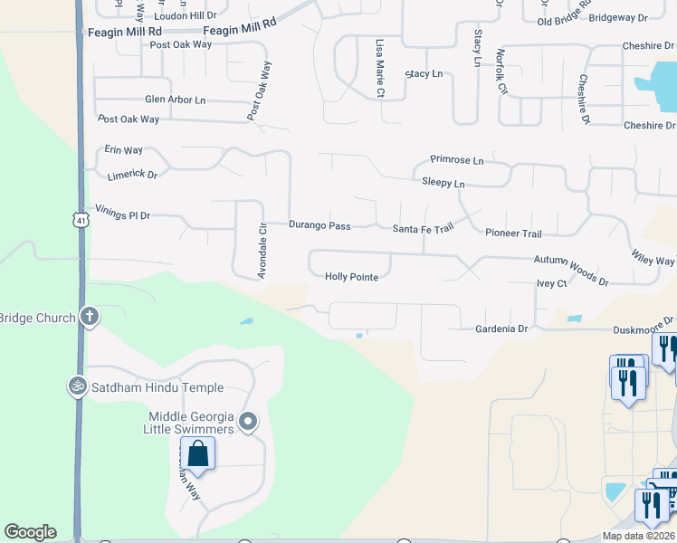 map of restaurants, bars, coffee shops, grocery stores, and more near 161 Holly Pointe in Warner Robins