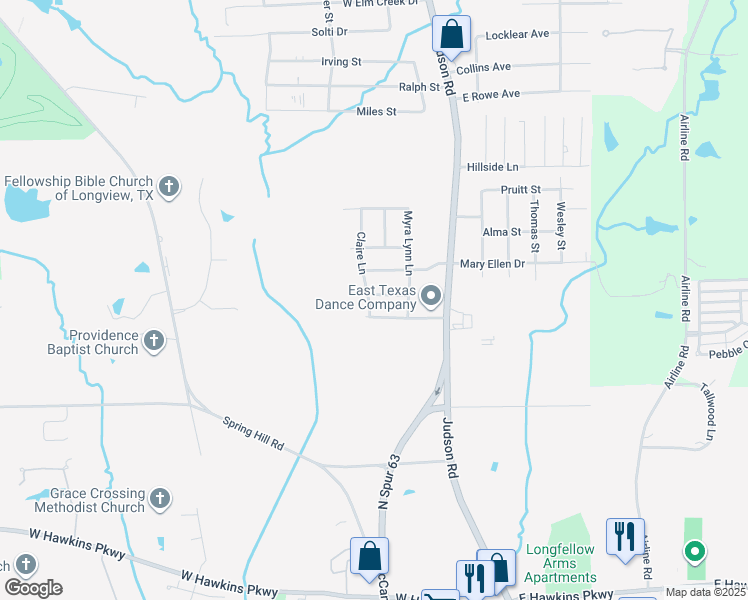 map of restaurants, bars, coffee shops, grocery stores, and more near 214 Mcclendon Lane in Longview