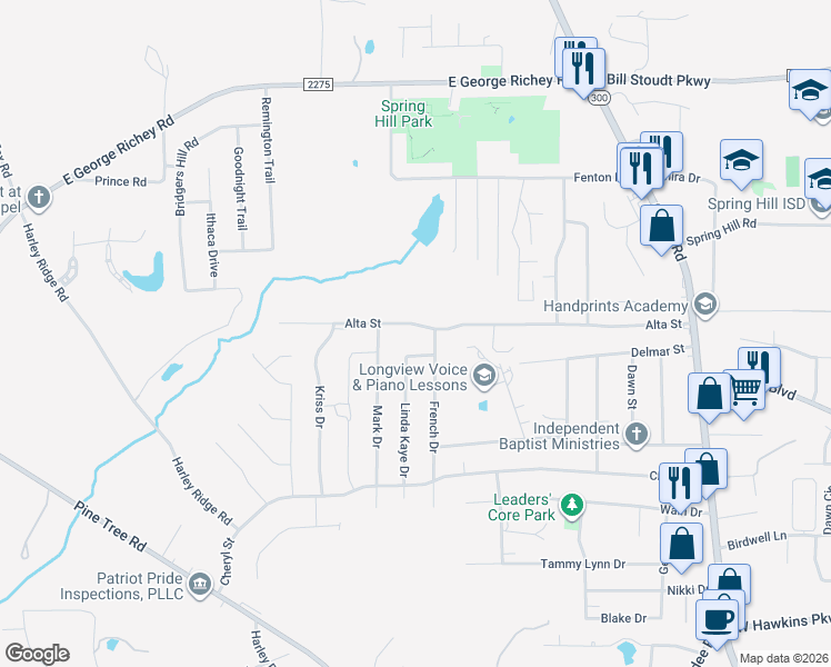 map of restaurants, bars, coffee shops, grocery stores, and more near 604 Alta Street in Longview