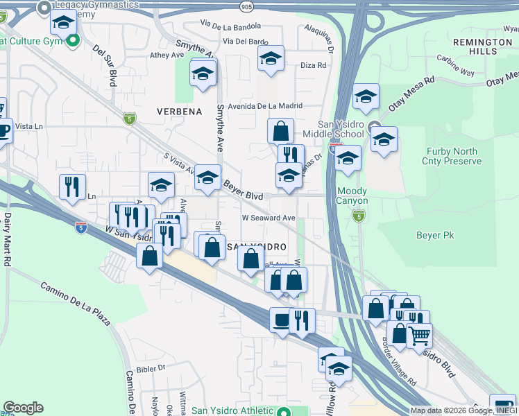 map of restaurants, bars, coffee shops, grocery stores, and more near 220 South Vista Avenue in San Diego