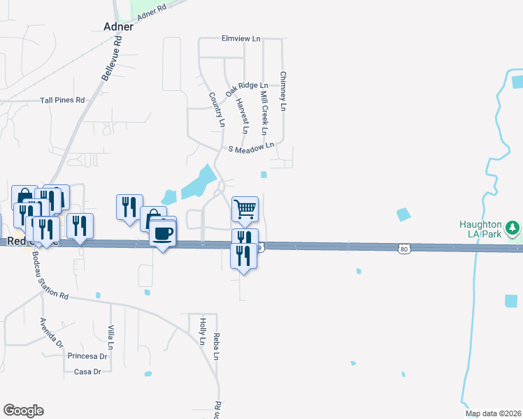 map of restaurants, bars, coffee shops, grocery stores, and more near 125 Oakhaven Drive in Haughton