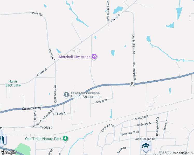 map of restaurants, bars, coffee shops, grocery stores, and more near 3401 Karnack Highway in Marshall