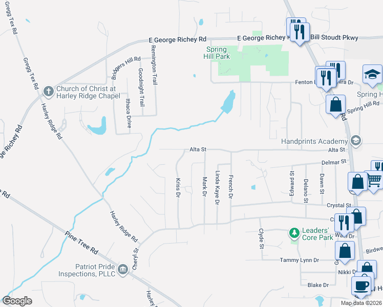 map of restaurants, bars, coffee shops, grocery stores, and more near 704 Alta Street in Longview