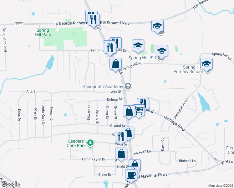 map of restaurants, bars, coffee shops, grocery stores, and more near 103 Alta Street in Longview