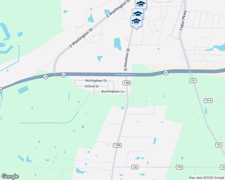 map of restaurants, bars, coffee shops, grocery stores, and more near 1541 Buckingham Lane in Kaufman