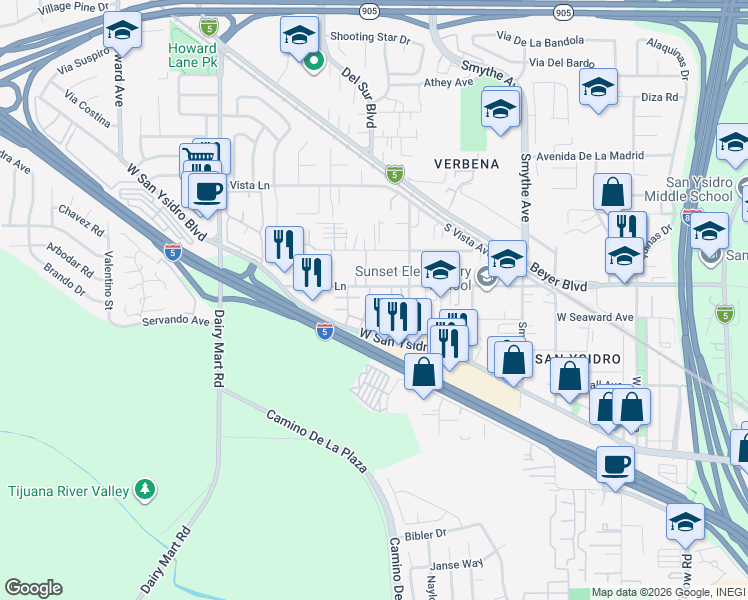 map of restaurants, bars, coffee shops, grocery stores, and more near 561 West San Ysidro Boulevard in San Diego