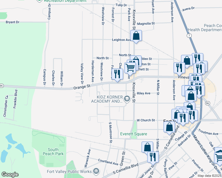 map of restaurants, bars, coffee shops, grocery stores, and more near 601-699 Elberta Street in Fort Valley