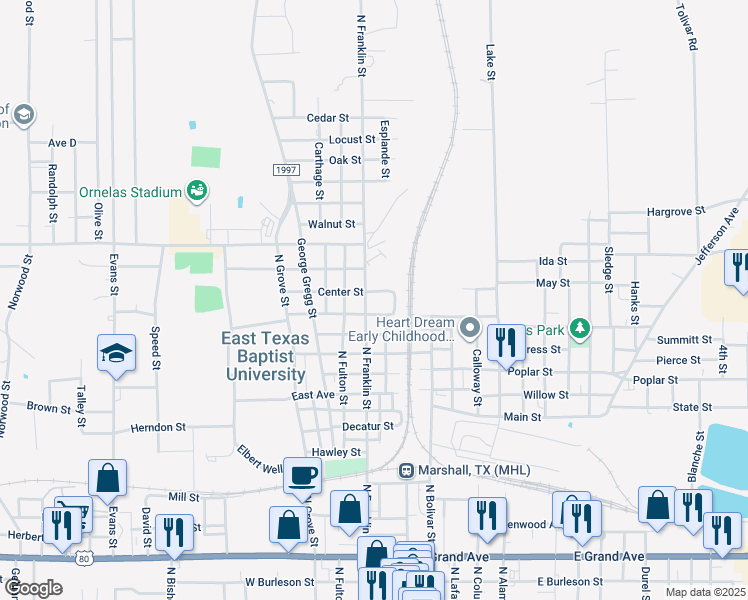 map of restaurants, bars, coffee shops, grocery stores, and more near 1504 North Franklin Street in Marshall
