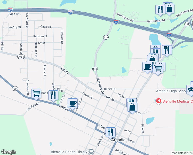 map of restaurants, bars, coffee shops, grocery stores, and more near 1687 Marsalis Drive in Arcadia