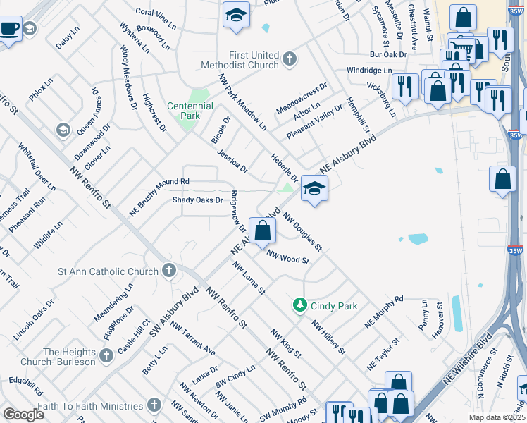 map of restaurants, bars, coffee shops, grocery stores, and more near 804 James Circle in Burleson