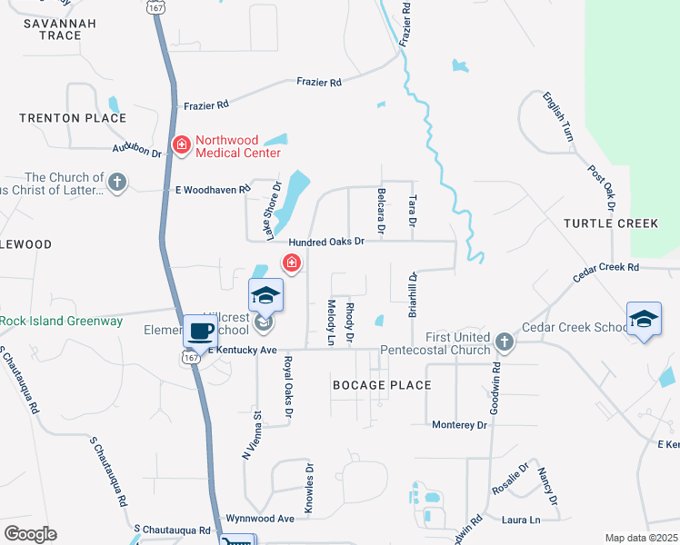 map of restaurants, bars, coffee shops, grocery stores, and more near 2550 Melody Lane in Ruston