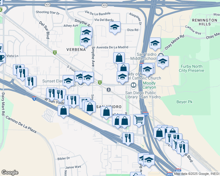 map of restaurants, bars, coffee shops, grocery stores, and more near 4035 Beyer Boulevard in San Diego