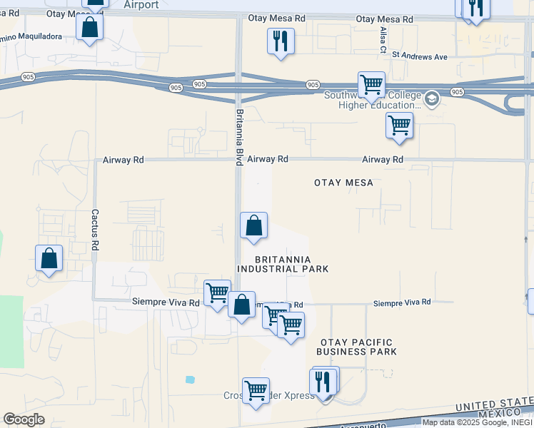 map of restaurants, bars, coffee shops, grocery stores, and more near 2195 Britannia Boulevard in San Diego