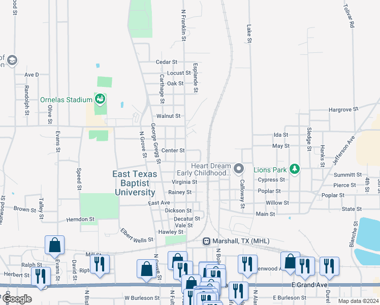 map of restaurants, bars, coffee shops, grocery stores, and more near 1501 North Franklin Street in Marshall