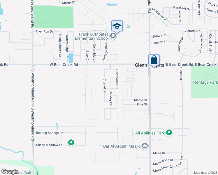 map of restaurants, bars, coffee shops, grocery stores, and more near 1807 Berkley Drive in Red Oak