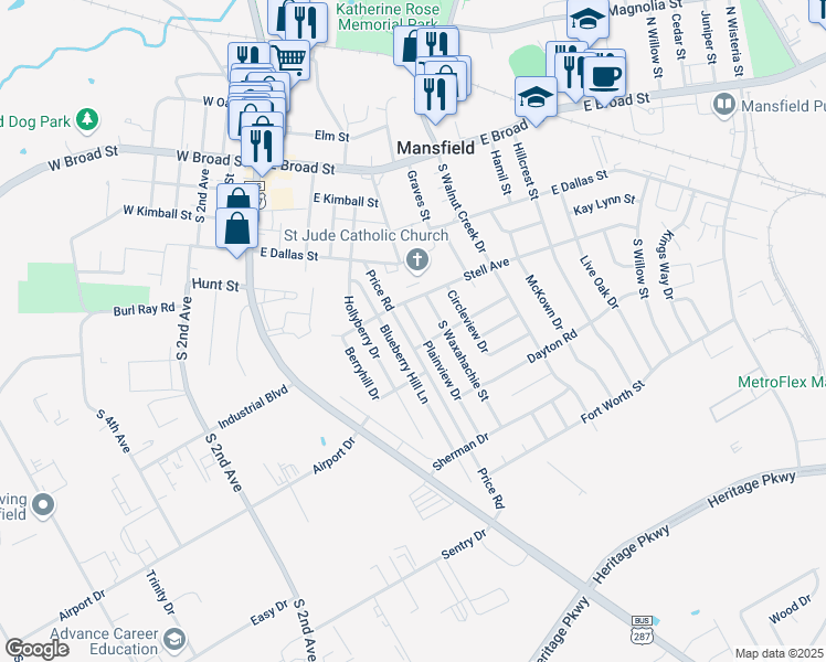map of restaurants, bars, coffee shops, grocery stores, and more near 508 Plainview Drive in Mansfield