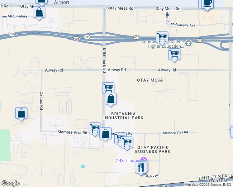 map of restaurants, bars, coffee shops, grocery stores, and more near 2195 Britannia Boulevard in San Diego