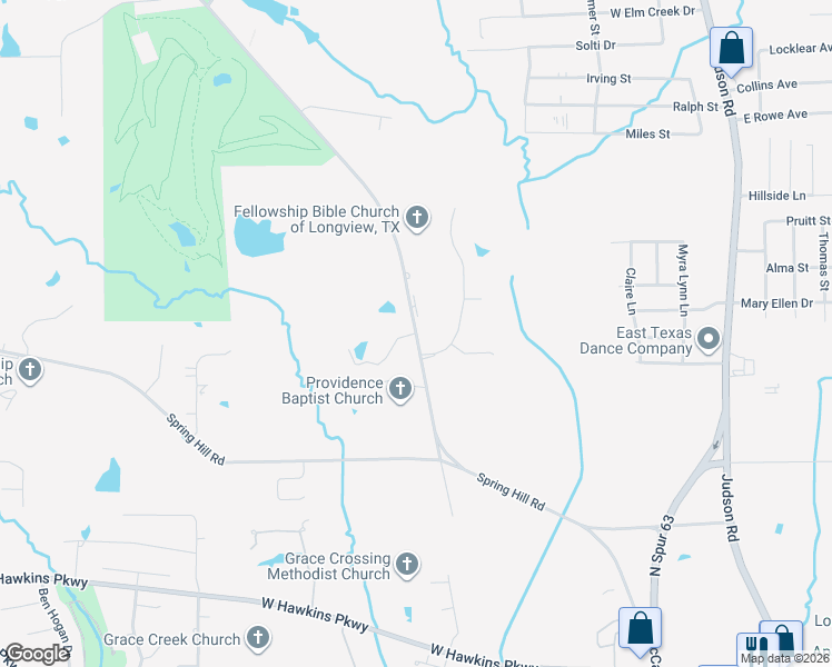 map of restaurants, bars, coffee shops, grocery stores, and more near McCann Road in Longview