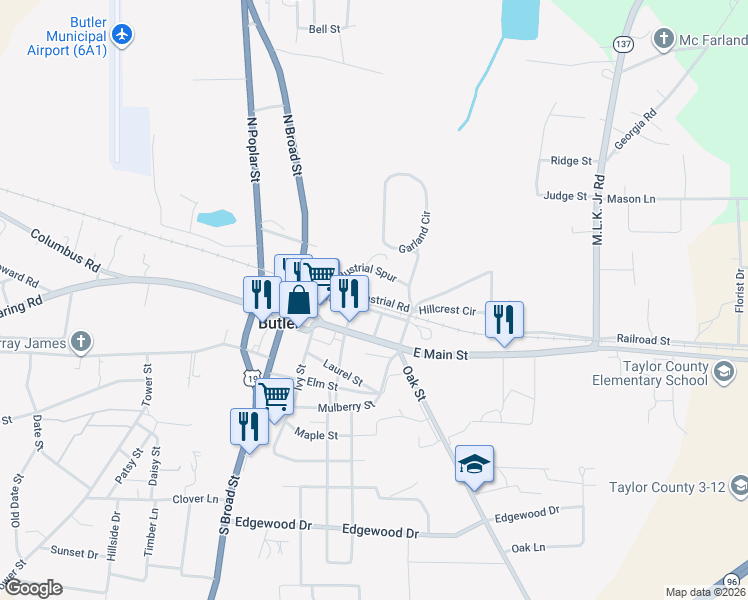 map of restaurants, bars, coffee shops, grocery stores, and more near Industrial Road in Butler