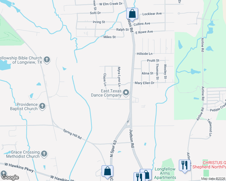 map of restaurants, bars, coffee shops, grocery stores, and more near 214 Mcclendon Lane in Longview