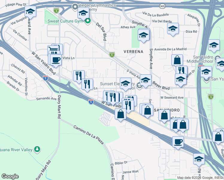 map of restaurants, bars, coffee shops, grocery stores, and more near 3645 Sunset Lane in San Diego