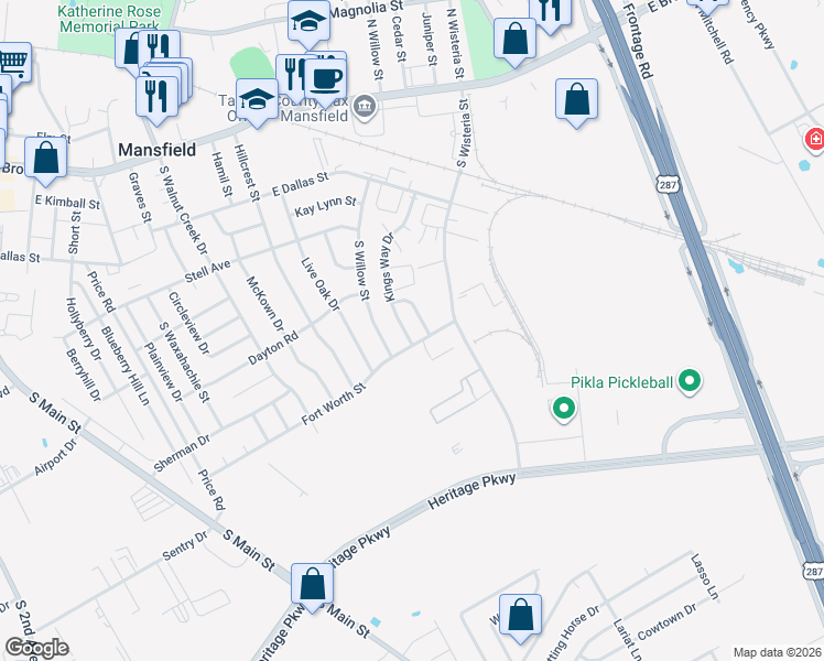 map of restaurants, bars, coffee shops, grocery stores, and more near 611 Kings Way Drive in Mansfield
