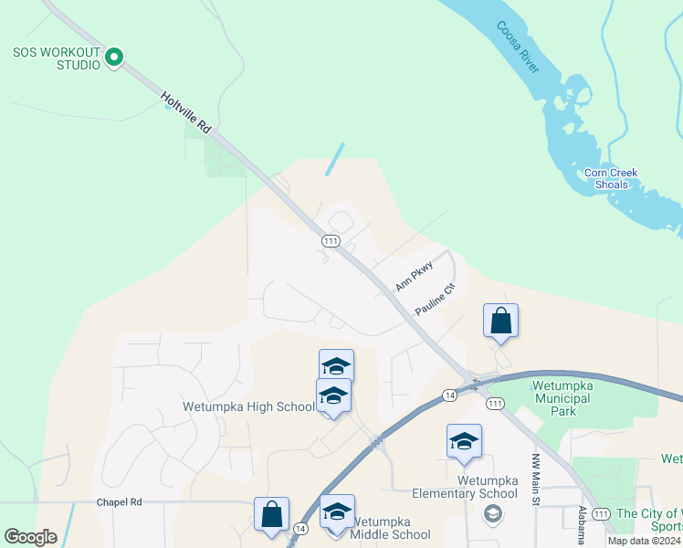 map of restaurants, bars, coffee shops, grocery stores, and more near 1825 Holtville Road in Wetumpka