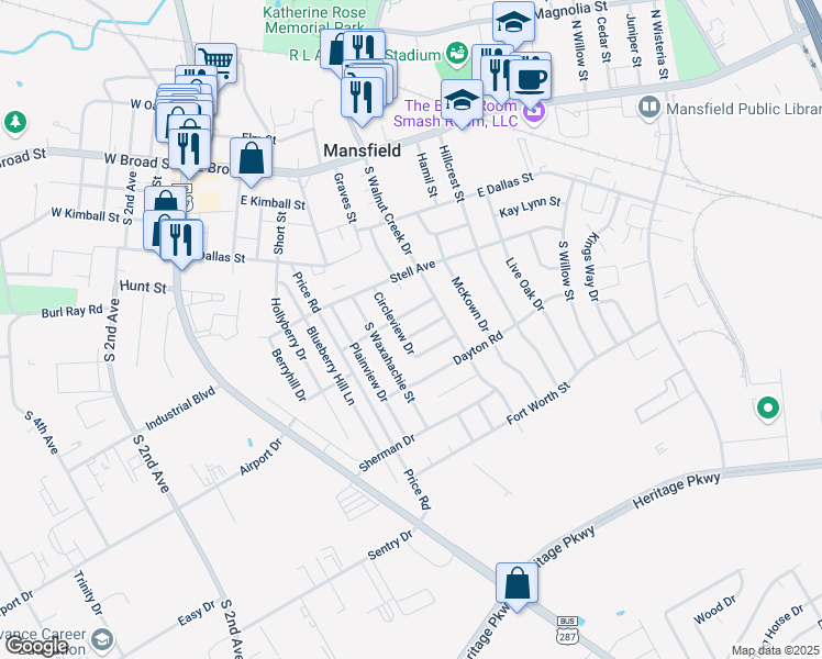 map of restaurants, bars, coffee shops, grocery stores, and more near 619 Meadowview Drive in Mansfield