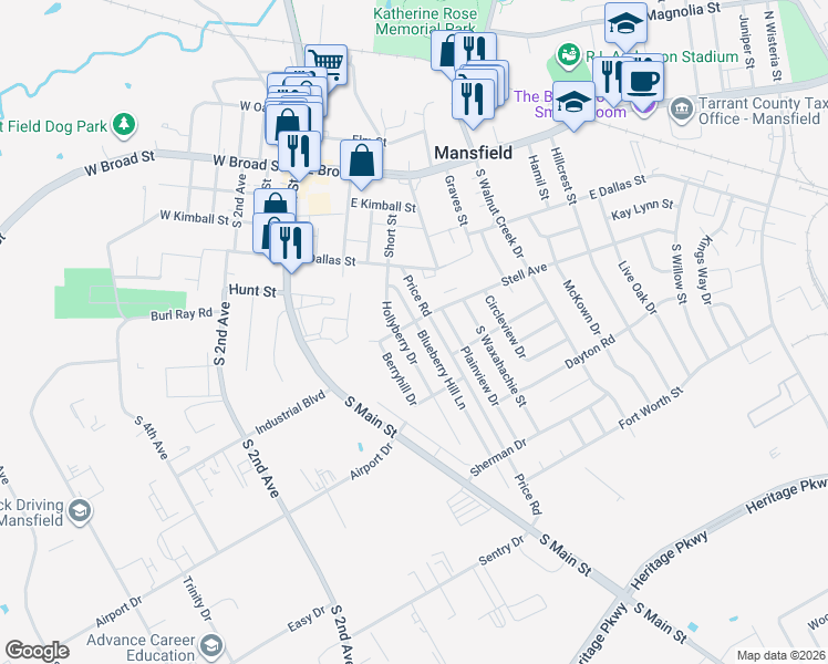 map of restaurants, bars, coffee shops, grocery stores, and more near 512 Blueberry Hill Lane in Mansfield
