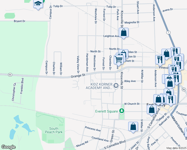 map of restaurants, bars, coffee shops, grocery stores, and more near 101 Brooks Boulevard in Fort Valley