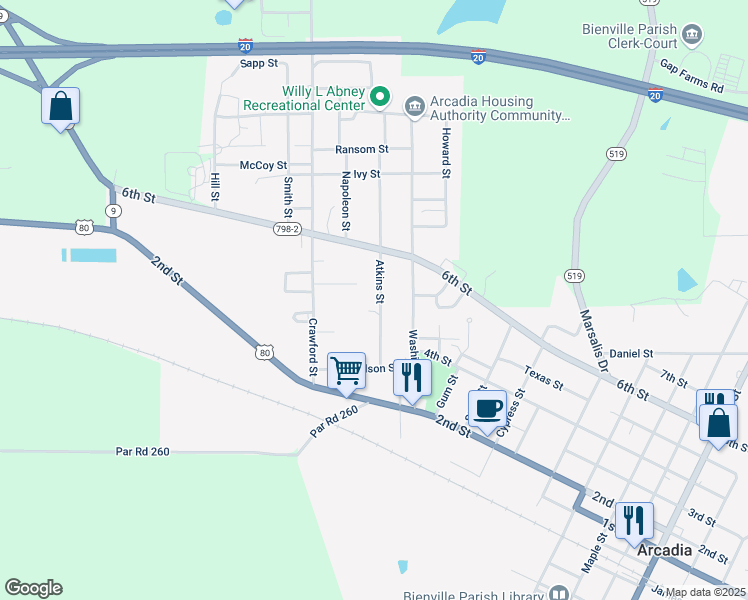 map of restaurants, bars, coffee shops, grocery stores, and more near 1388 Atkins Street in Arcadia