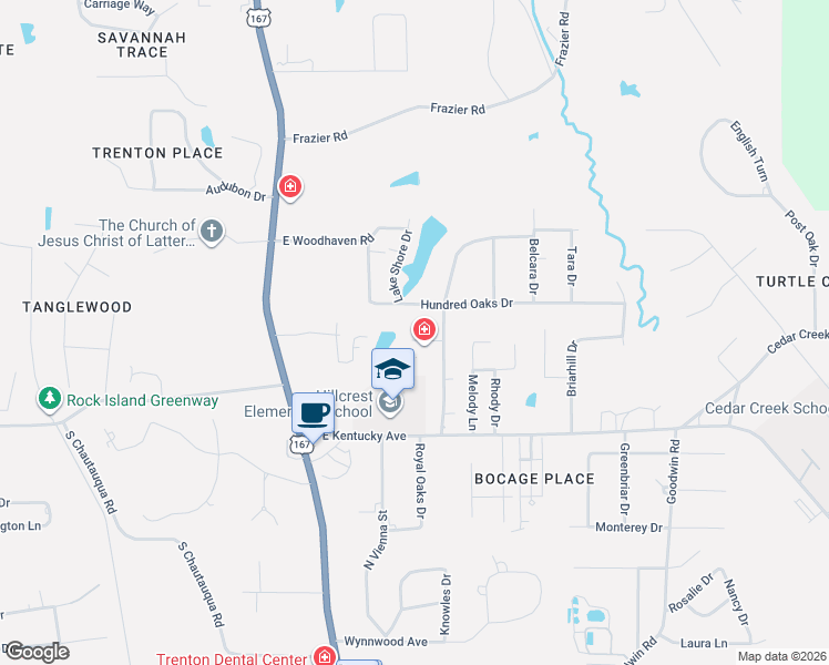 map of restaurants, bars, coffee shops, grocery stores, and more near 398 Northwood Place in Ruston