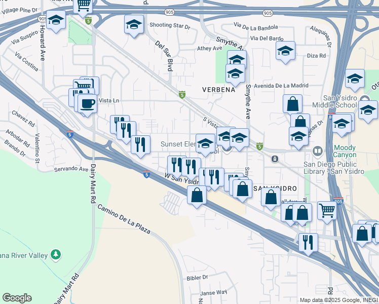 map of restaurants, bars, coffee shops, grocery stores, and more near Sunset Lane & Averil Road in San Diego
