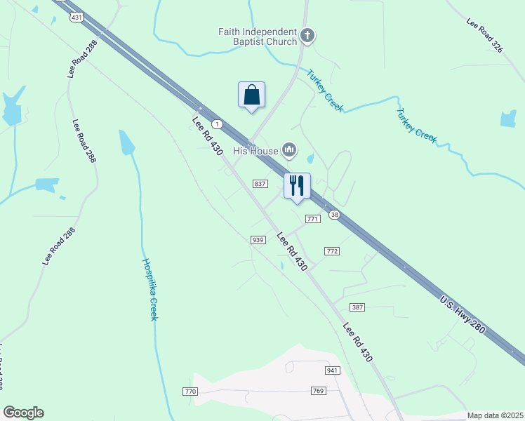 map of restaurants, bars, coffee shops, grocery stores, and more near 1 Lee Road 386 in Smiths Station