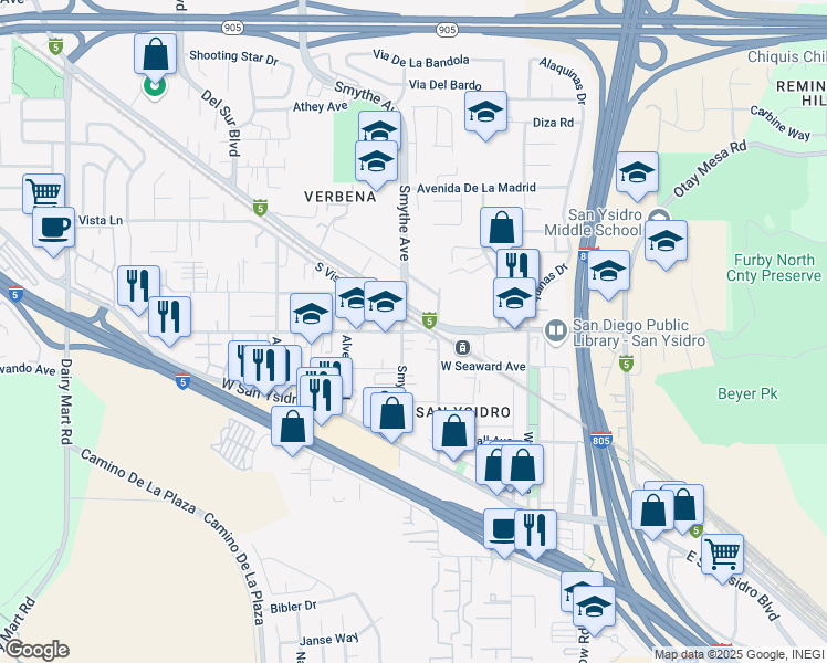 map of restaurants, bars, coffee shops, grocery stores, and more near 2217 Smythe Avenue in San Diego