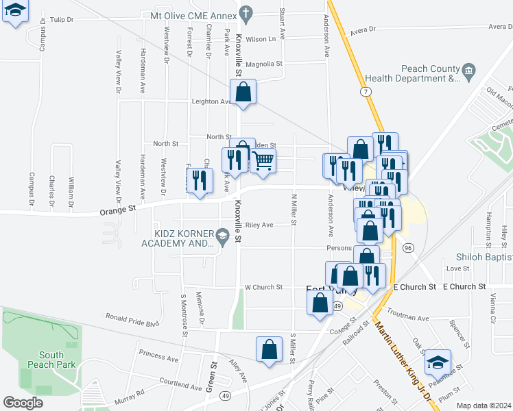 map of restaurants, bars, coffee shops, grocery stores, and more near 515 Riley Avenue in Fort Valley