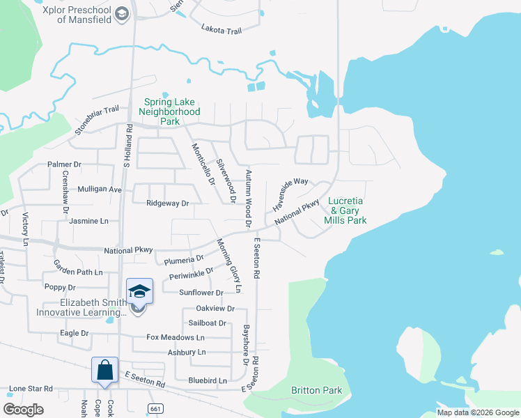map of restaurants, bars, coffee shops, grocery stores, and more near 301 Mountain Creek Lane in Mansfield