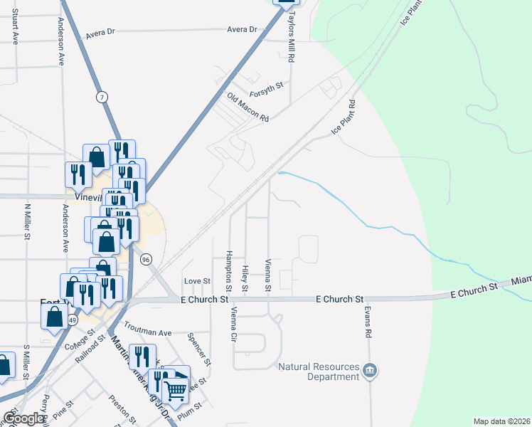 map of restaurants, bars, coffee shops, grocery stores, and more near 501 Vienna Street in Fort Valley