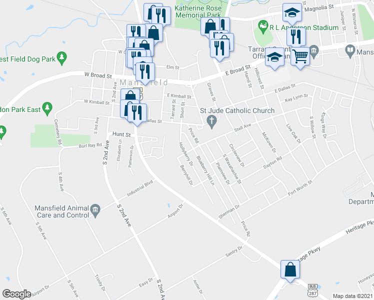 map of restaurants, bars, coffee shops, grocery stores, and more near 427 Hollyberry Drive in Mansfield