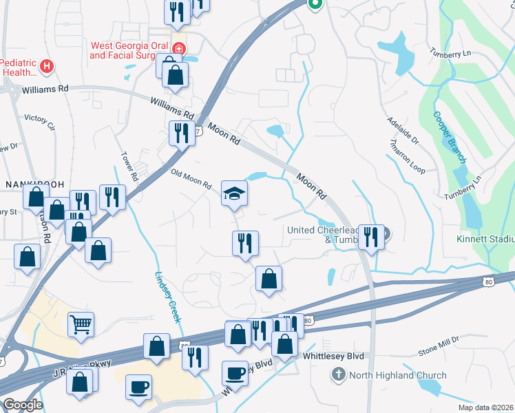 map of restaurants, bars, coffee shops, grocery stores, and more near 7620 Old Moon Road in Columbus