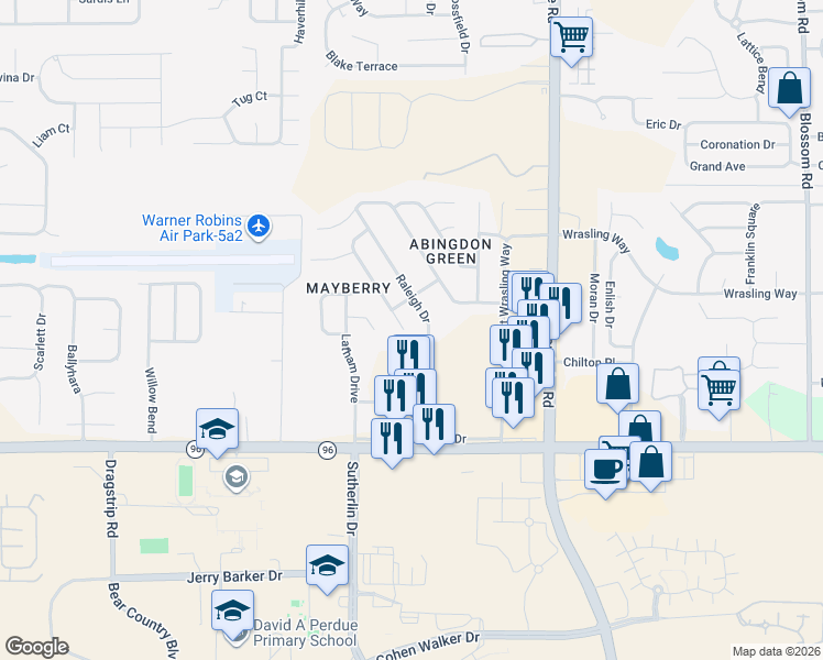 map of restaurants, bars, coffee shops, grocery stores, and more near 304 Meyers Lake Drive in Warner Robins