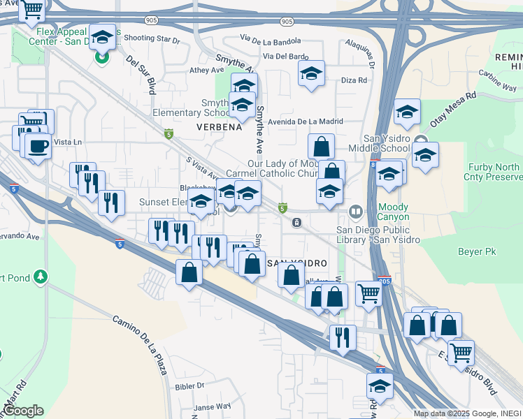 map of restaurants, bars, coffee shops, grocery stores, and more near 3910 Sunset Lane in San Diego