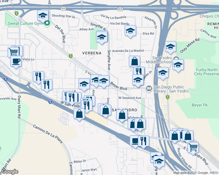 map of restaurants, bars, coffee shops, grocery stores, and more near 3910 Sunset Lane in San Diego
