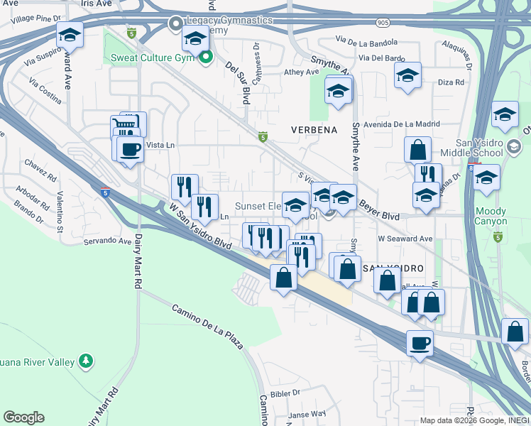 map of restaurants, bars, coffee shops, grocery stores, and more near 525 Pearl Lane in San Diego