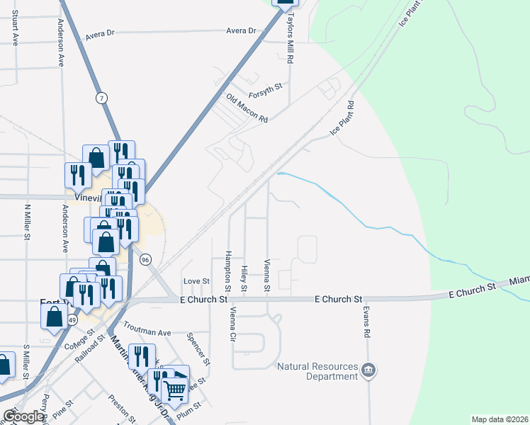 map of restaurants, bars, coffee shops, grocery stores, and more near 501 Vienna Street in Fort Valley