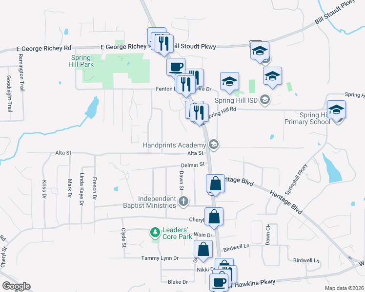 map of restaurants, bars, coffee shops, grocery stores, and more near 114 Woodbrook Court in Longview