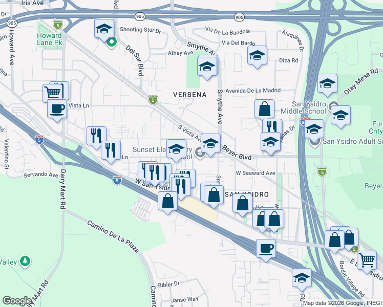map of restaurants, bars, coffee shops, grocery stores, and more near 3794 Sunset Lane in San Diego